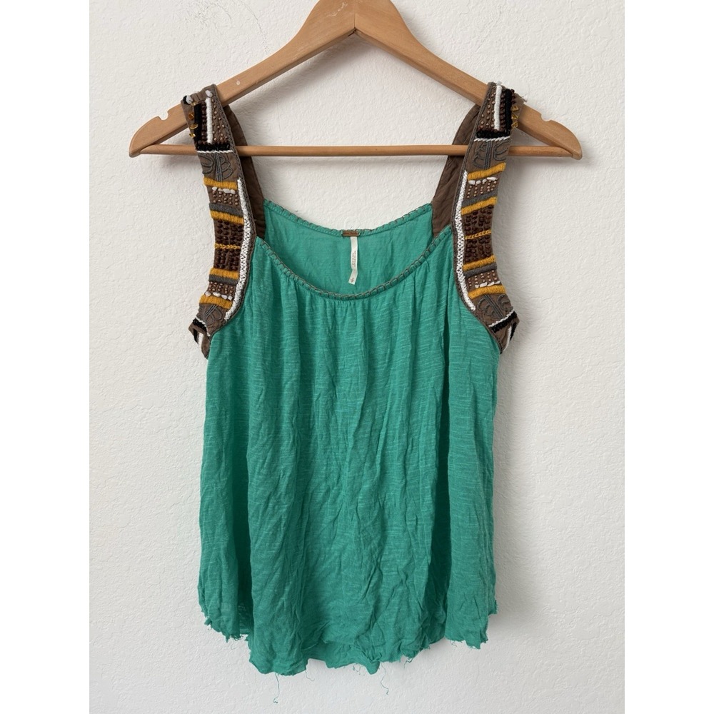 FREE PEOPLE $128 EUC Teal Gold Sleeveless Raw Edge Embroidered Bead Tunic Top S